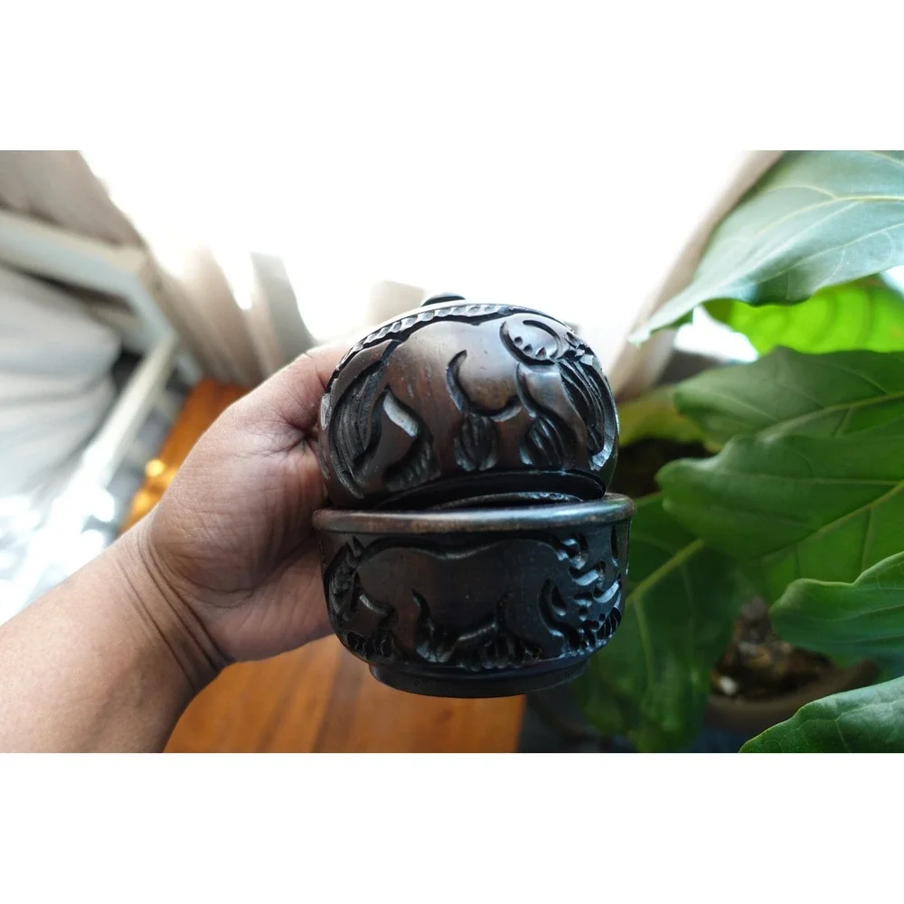 Hand Turned Round EBONY wood trinket boxes set of 2 carved‎ folk-art animals